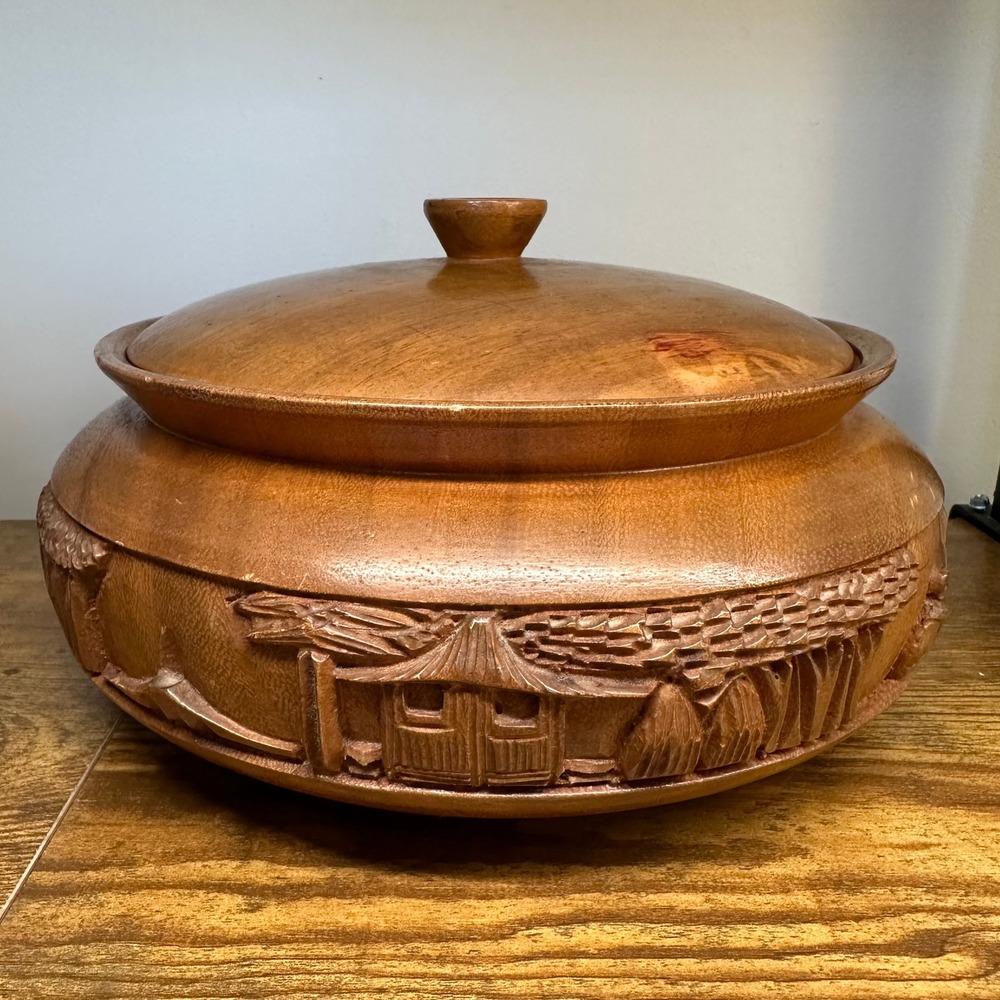 Vintage‎ Hand Carved Wood Lidded Bowl Village Scene Water Buffalo Folk Art
